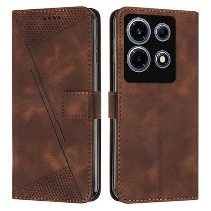 Brown leather phone case with flip cover and textured triangular panel; phone back camera cutout.