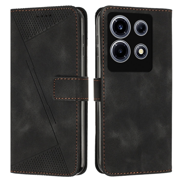Black leather phone case with flip cover and textured triangular panel; phone back camera cutout.