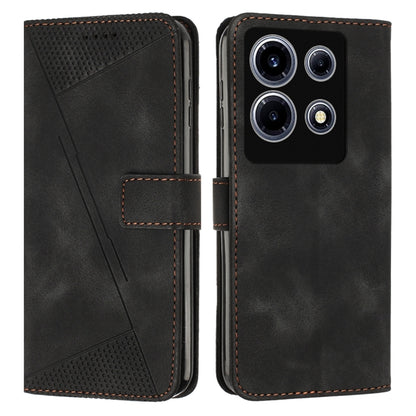 Black leather phone case with flip cover and textured triangular panel; phone back camera cutout.