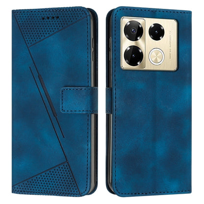 Blue leather phone case with textured panel and diagonal stripe, phone front visible