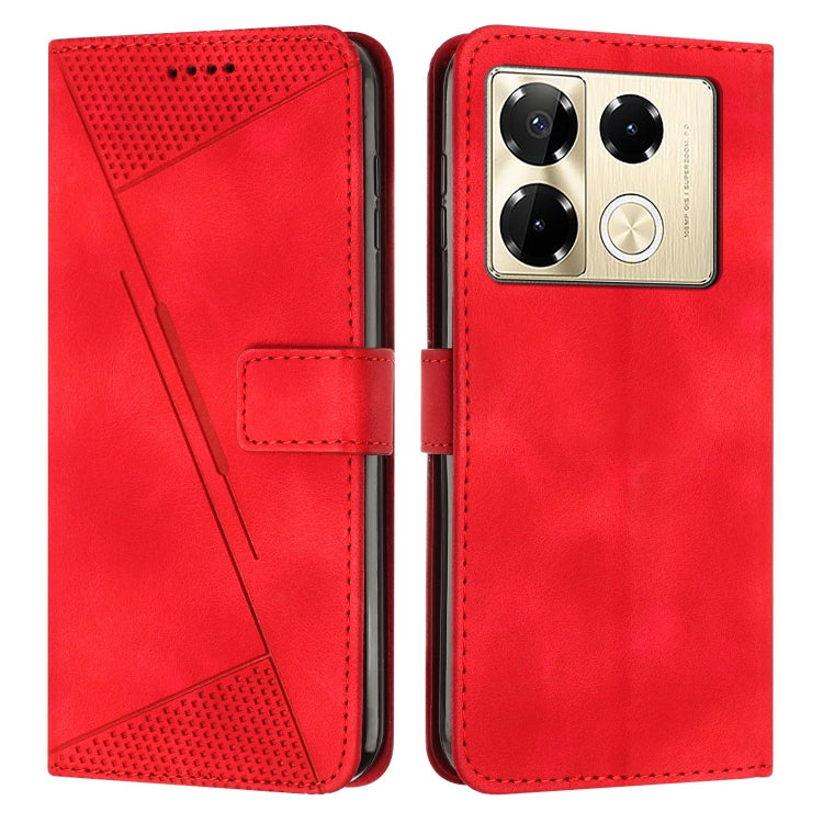 Red leather phone case with textured panel and diagonal stripe, phone front visible