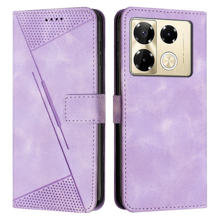 Purple leather phone case with textured panel and diagonal stripe, phone front visible