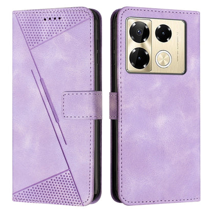Purple leather phone case with textured panel and diagonal stripe, phone front visible