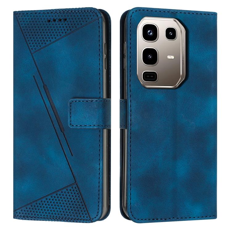 Blue leather phone wallet case with textured card slot and diagonal stripe