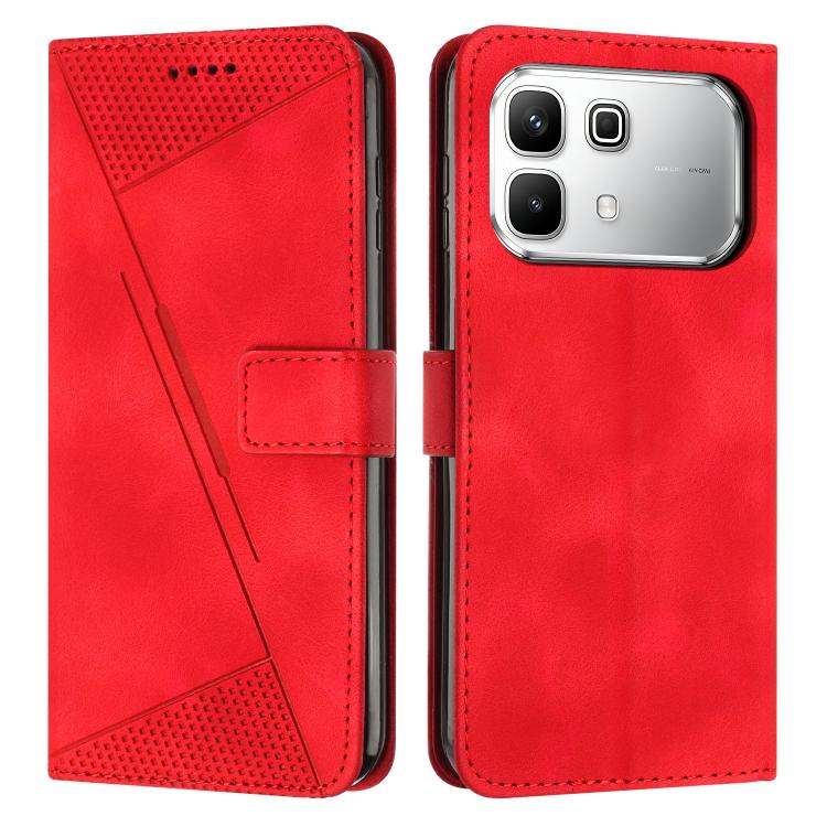 Red leather-style flip phone wallet case with camera cutout and card slot