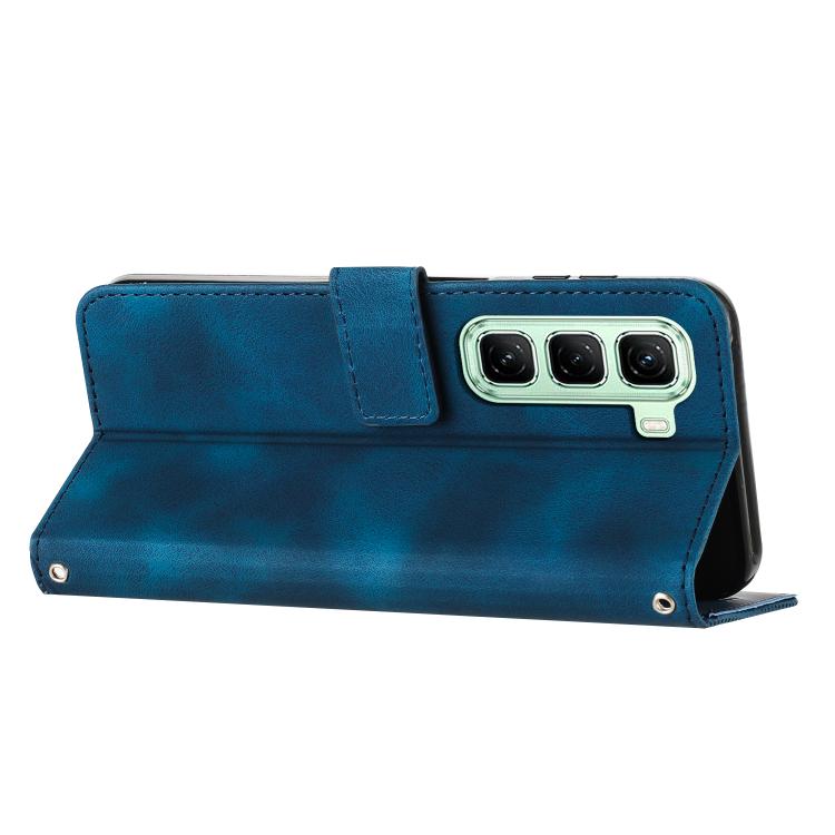 Blue leather phone case with lanyard, flip cover with magnetic snap and camera cutout