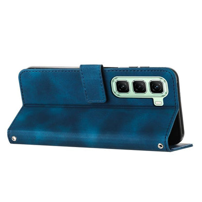 Blue leather phone case with lanyard, flip cover with magnetic snap and camera cutout