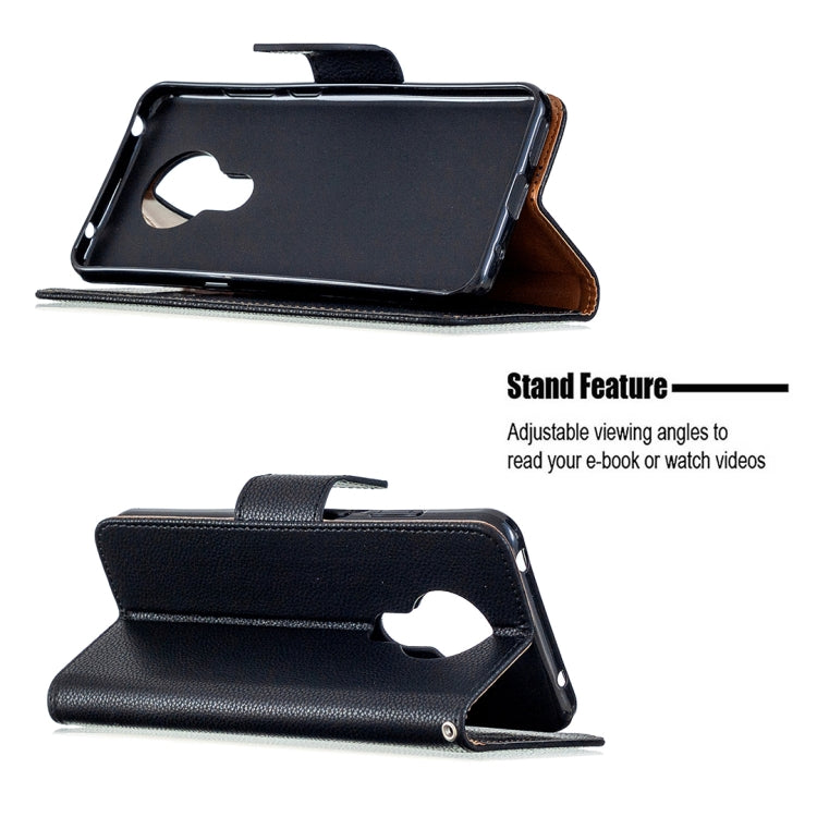 Textured leather phone wallet case with flip stand feature for hands-free viewing.
