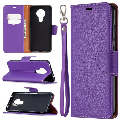 Purple textured leather flip phone case with card slots and wrist lanyard strap