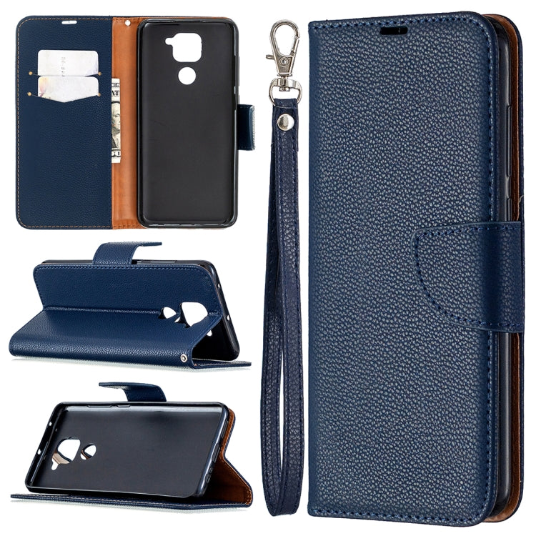 Blue textured leather flip phone case with card slots and wrist lanyard strap