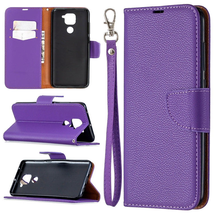 Purple leather phone case with card slots, stand, and wrist lanyard strap