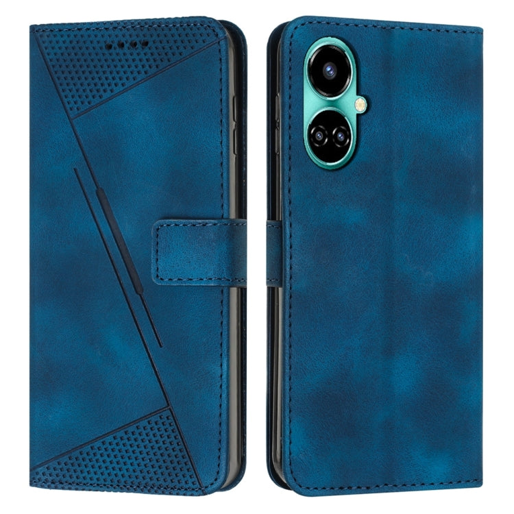 Blue leather phone case with triangle texture, card slot, and camera cutout