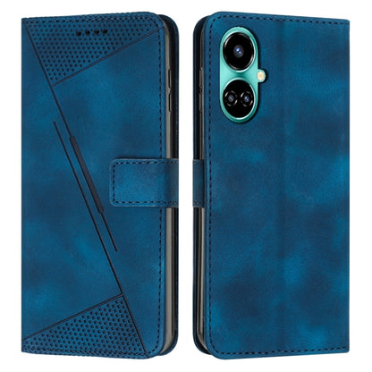 Blue leather phone case with triangle texture, card slot, and camera cutout