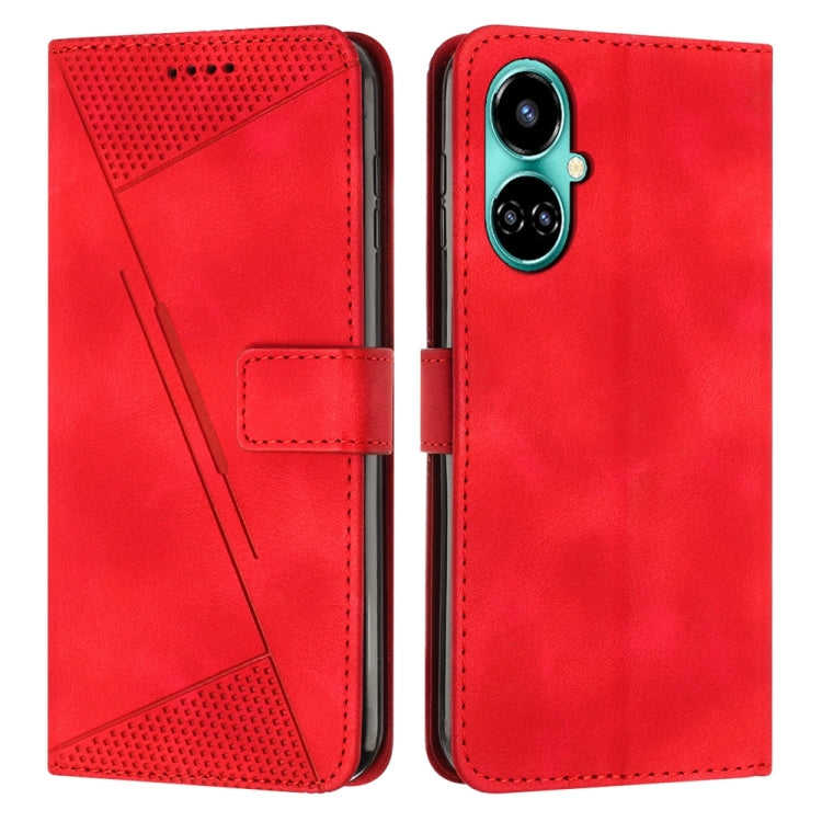Red leather phone case with triangle texture, card slot, and camera cutout