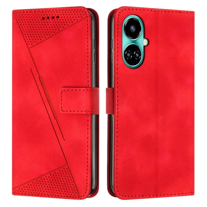 Red leather phone case with triangle texture, card slot, and camera cutout