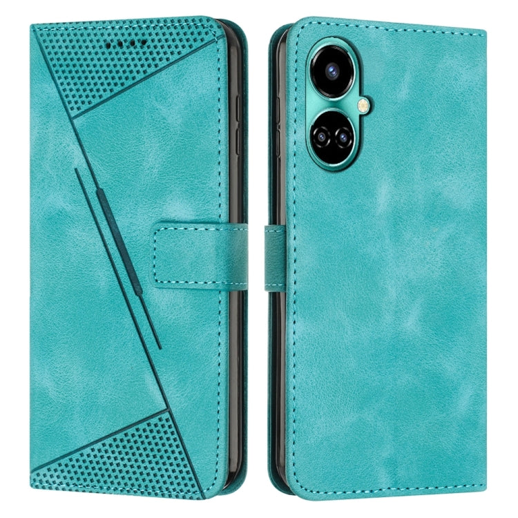Teal leather phone case with triangle texture, card slot, and camera cutout