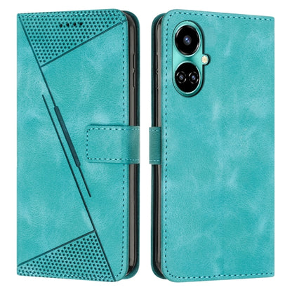 Teal leather phone case with triangle texture, card slot, and camera cutout