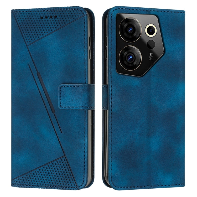Blue leather phone case with perforated triangle panel and magnetic front flap