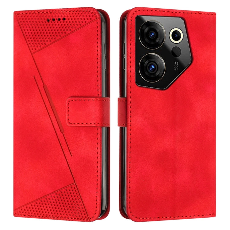 Red leather phone case with perforated triangle panel and magnetic front flap