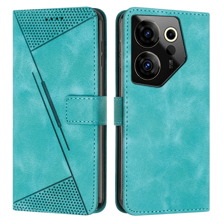 Teal leather phone case with perforated triangle panel and magnetic front flap