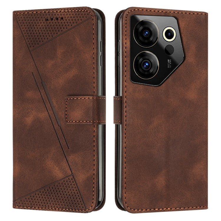 Brown leather folio phone case with perforated triangle design and stitched closure band