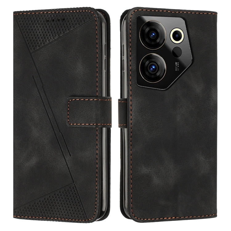 Black leather folio phone case with perforated triangle design and stitched closure band