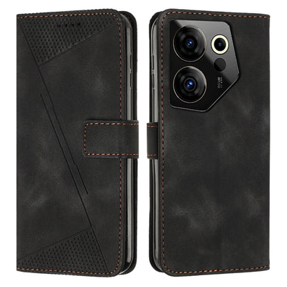 Black leather folio phone case with perforated triangle design and stitched closure band