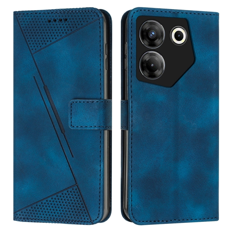 Blue leather folio phone case with perforated triangle design and stitched closure band