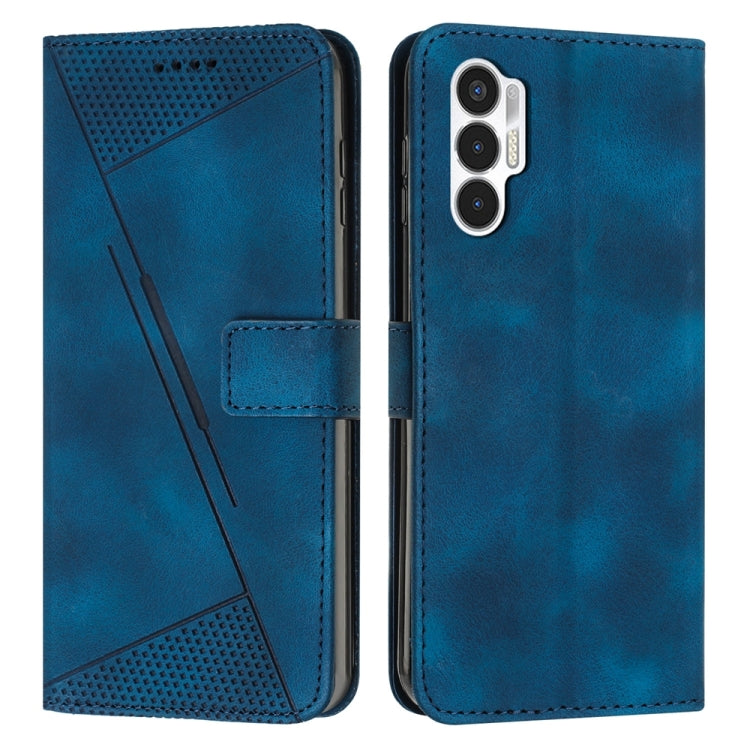 Blue leather phone case with triangle texture and camera cutout