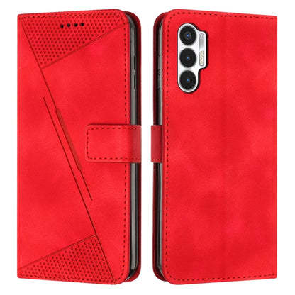 Red leather phone case with triangle texture, card slot, and camera cutout