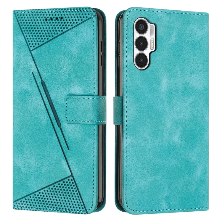 Teal leather phone case with magnetic flap, card slot, perforated triangle panel