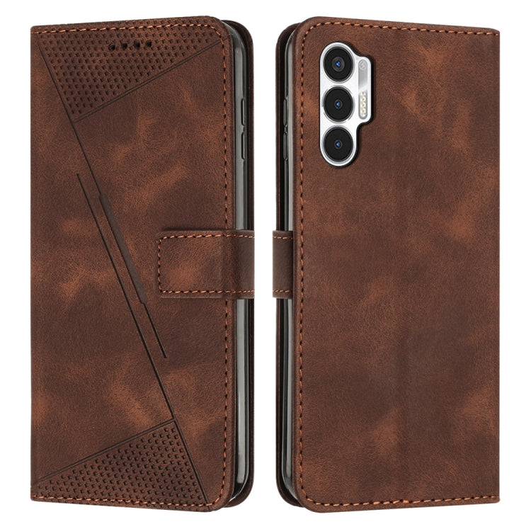 Brown leather phone case with magnetic flap, card slot, perforated triangle panel