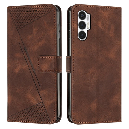 Brown leather phone case with magnetic flap, card slot, perforated triangle panel
