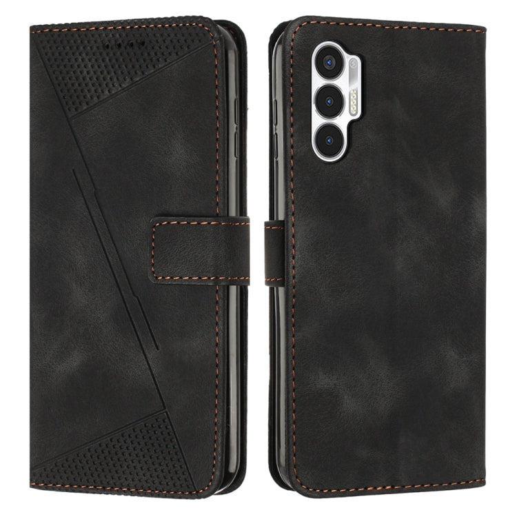 Black leather phone case with magnetic flap, card slot, perforated triangle panel