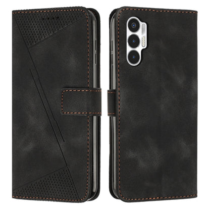 Black leather phone case with magnetic flap, card slot, perforated triangle panel