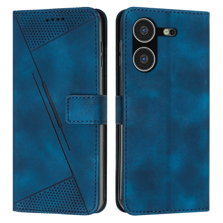 Blue leather-style phone wallet case with perforated panel, card pocket, and magnetic flap.