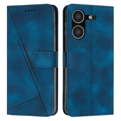 Blue leather-style phone wallet case with perforated panel, card pocket, and magnetic flap.