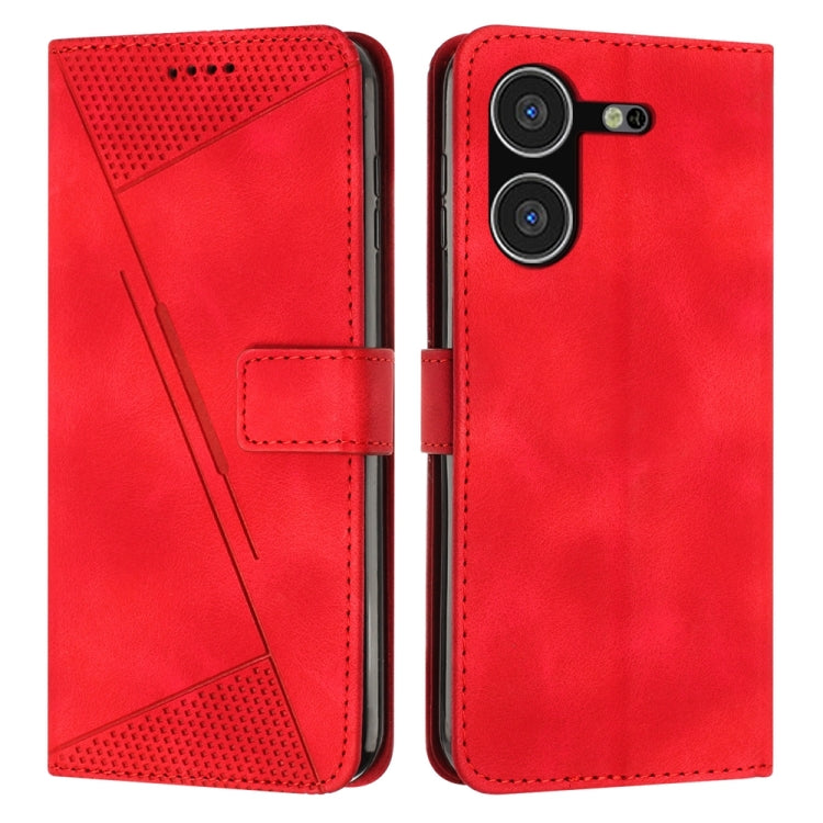 Red leather-style phone wallet case with perforated panel, card pocket, and magnetic flap.