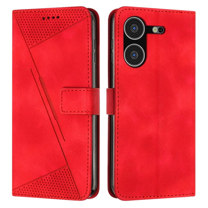 Red leather-style phone wallet case with perforated panel, card pocket, and magnetic flap.