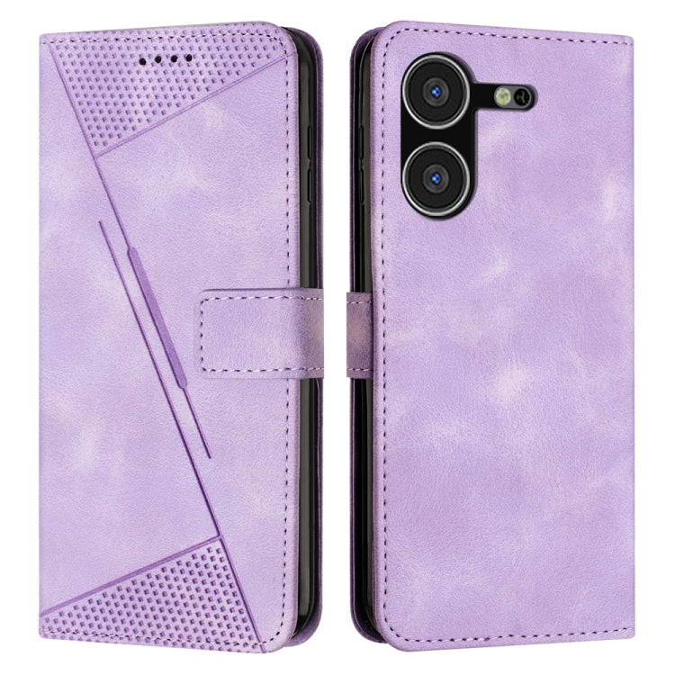 Purple leather-style phone wallet case with perforated panel, card pocket, and magnetic flap.