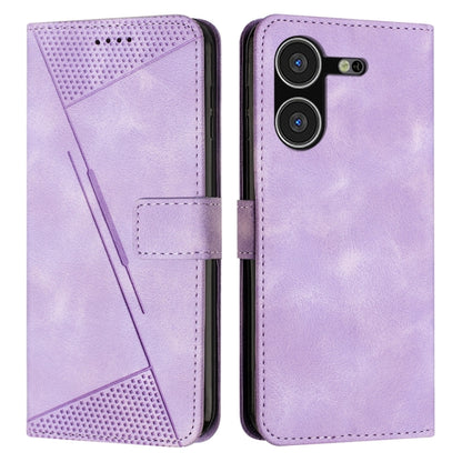 Purple leather-style phone wallet case with perforated panel, card pocket, and magnetic flap.