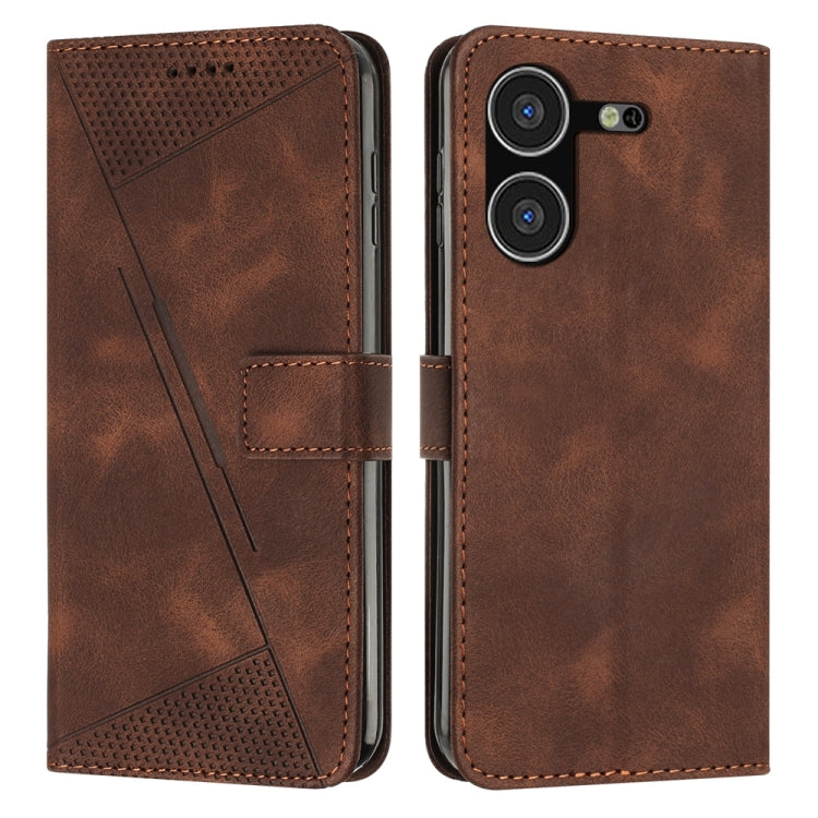 Brown leather phone case with perforated triangle panel and magnetic front flap