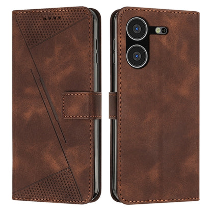 Brown leather phone case with perforated triangle panel and magnetic front flap