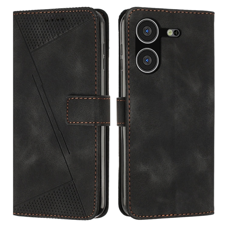 Black leather phone case with perforated triangle panel and magnetic front flap