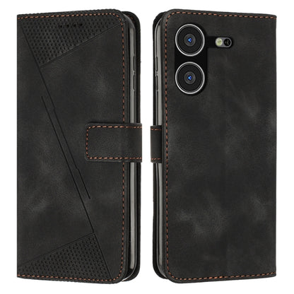 Black leather phone case with perforated triangle panel and magnetic front flap