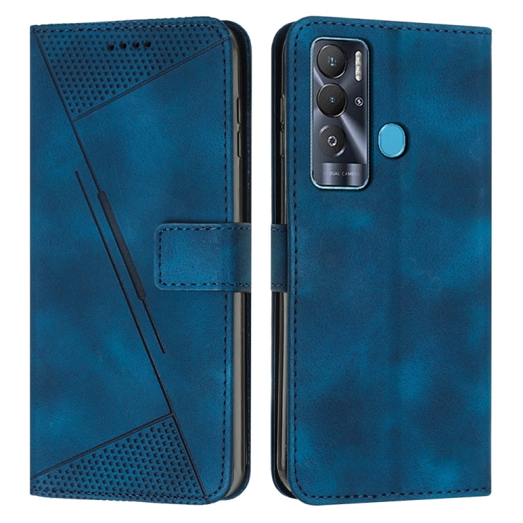 Blue leather phone case with triangle textured panel, card slot, and camera cutout