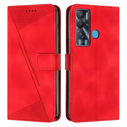 Red leather phone case with triangle textured panel, card slot, and camera cutout