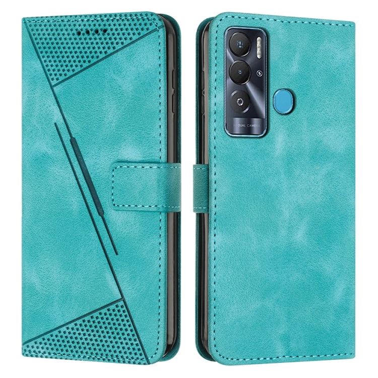 Teal leather phone case with triangle textured panel, card slot, and camera cutout