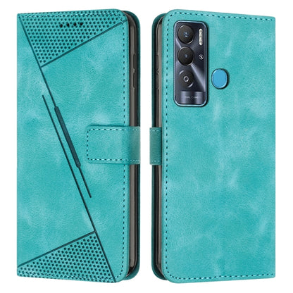 Teal leather phone case with triangle textured panel, card slot, and camera cutout