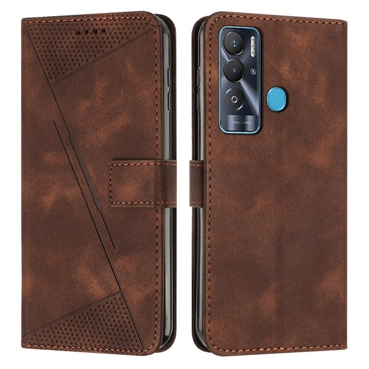 Brown leather phone case with triangle textured panel, card slot, and camera cutout